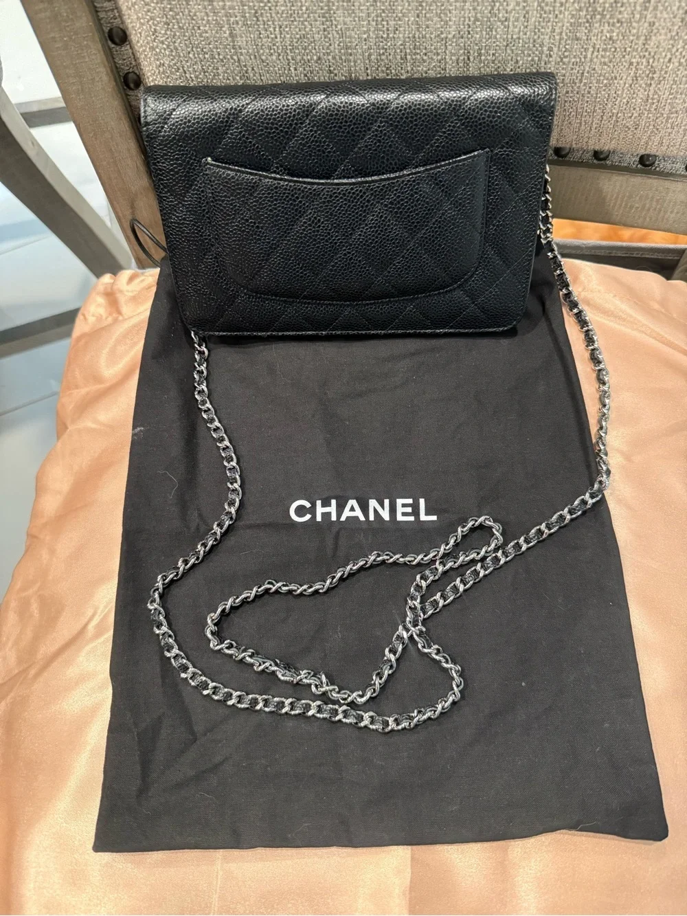 CHANEL Black Quilted Caviar Leather wallet chain WOC with Silver-Tone Chain